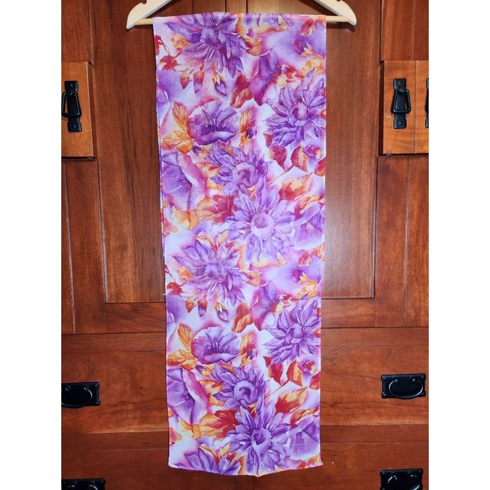 Purple Orange White Red Long Floral Sheer Scarf